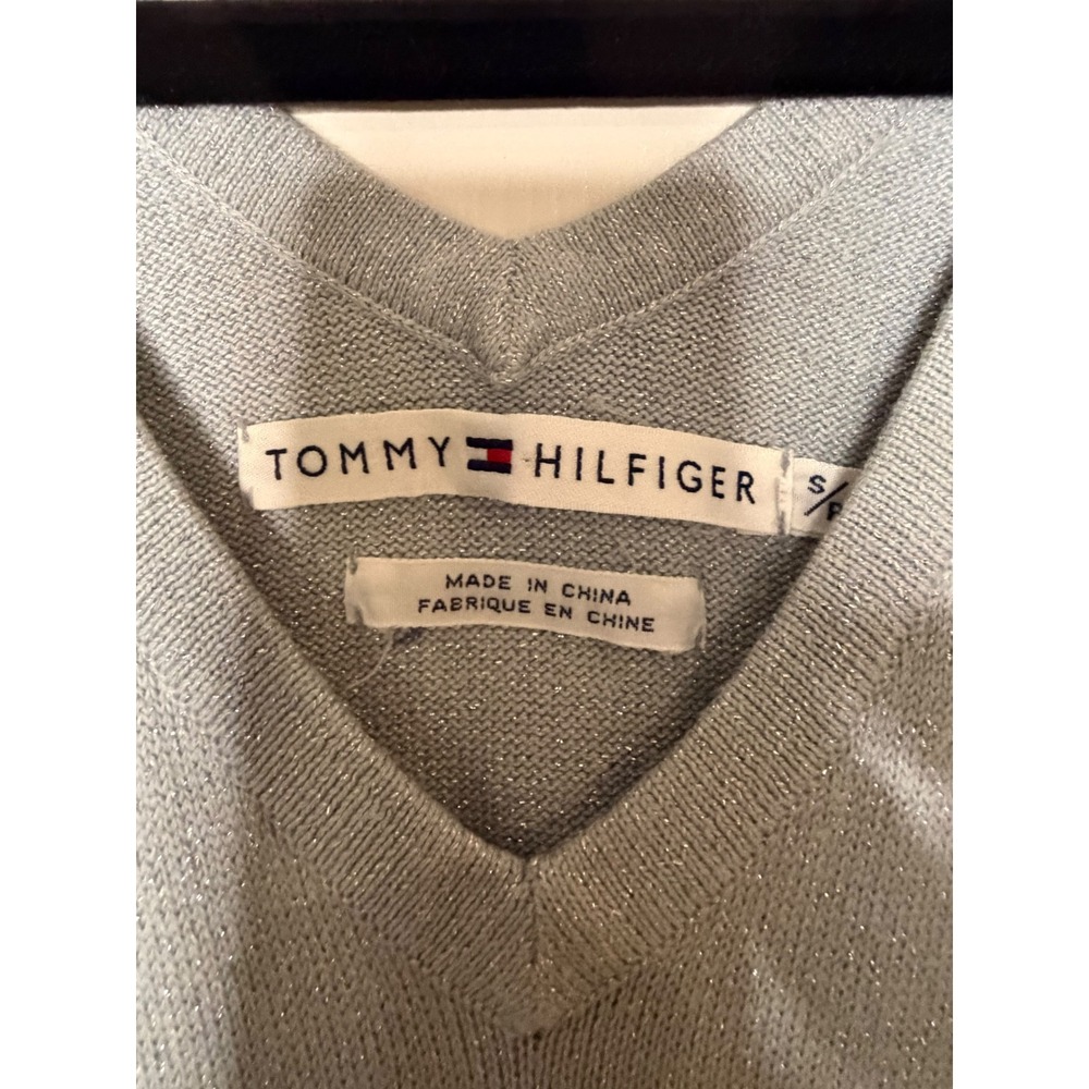 Tommy Hilfiger Womens V-Neck Sleeveless Metallic Knit Shimmer Top Blue Silver S